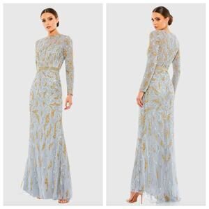 Mac Duggal Size 6 Gown Beaded Long Sleeve Dress Silver Blue with Gold Sequins